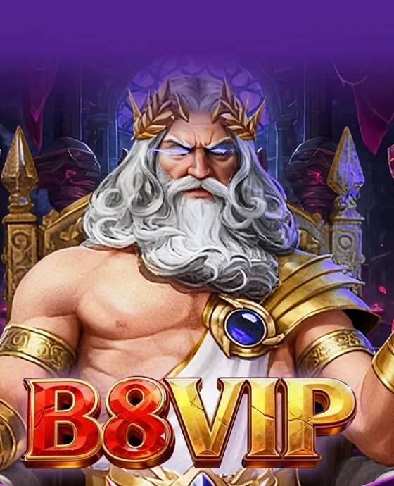 Artwork resmi b8vip: Zeus bermahkota emas di singgasana ungu dengan wordmark B8VIP