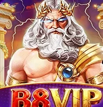 Ikon resmi b8vip: Zeus di dalam bingkai ungu dengan wordmark B8VIP